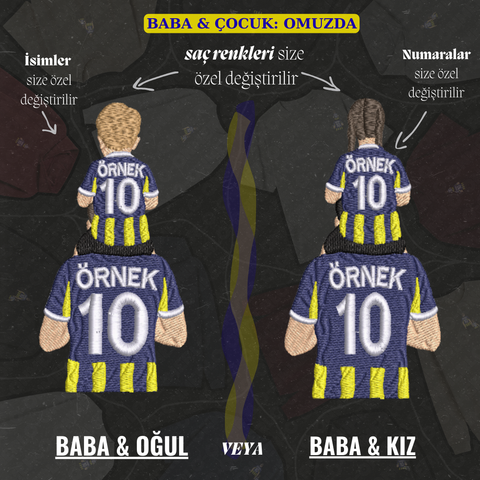 Sarı-Lacivert Formalı Baba-Çocuk: Omuzda