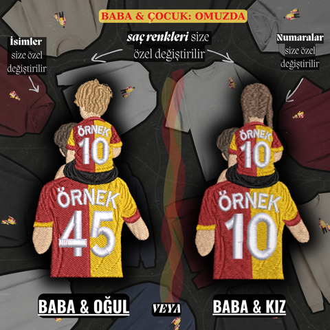 Sarı-Kırmızı Formalı Baba-Çocuk: Omuzda