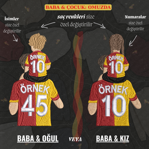 Sarı-Kırmızı Formalı Baba-Çocuk: Omuzda