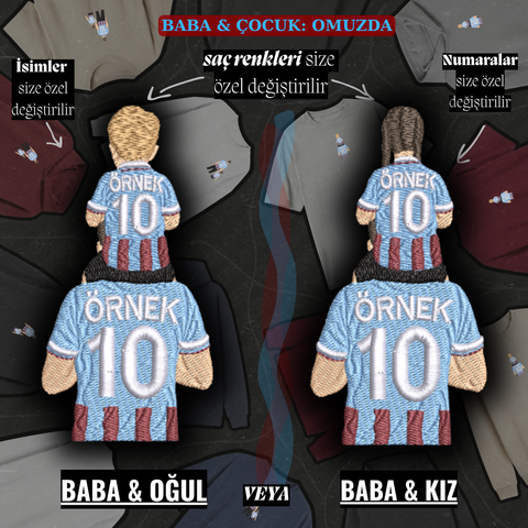 Bordo-Mavi Formalı Baba-Çocuk: Omuzda